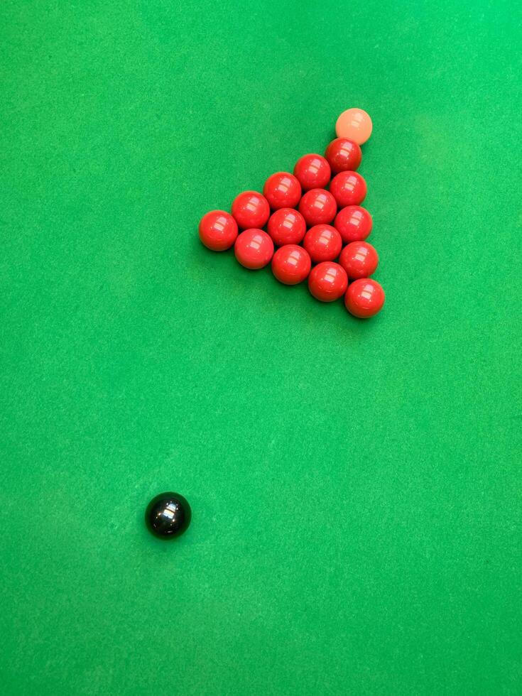 Traditional snooker balls and game table from top view photo