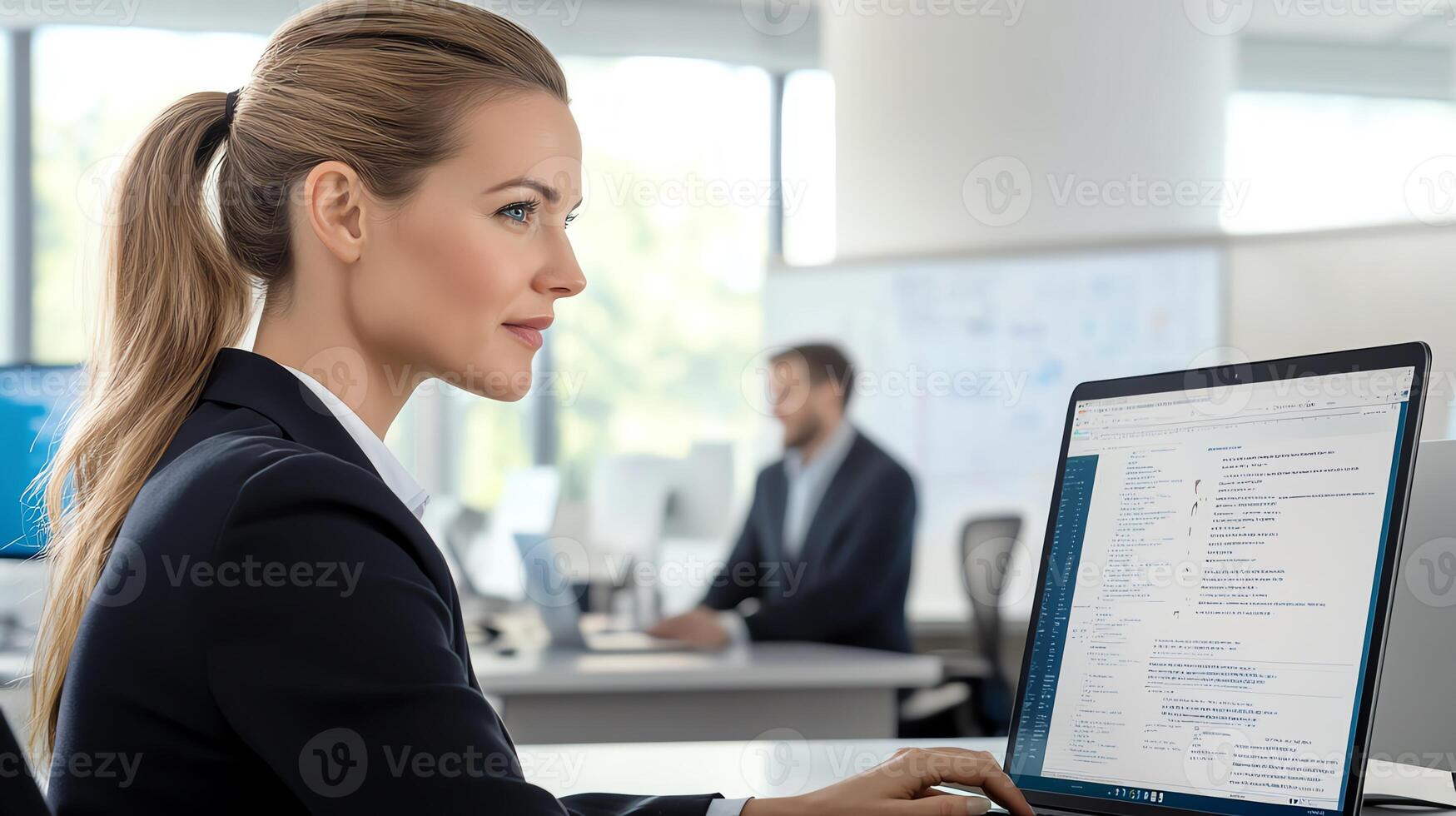 An American female employee focused on her work using a laptop, showcasing modern workplace culture, professionalism, and dedication in an office or remote work setting. photo