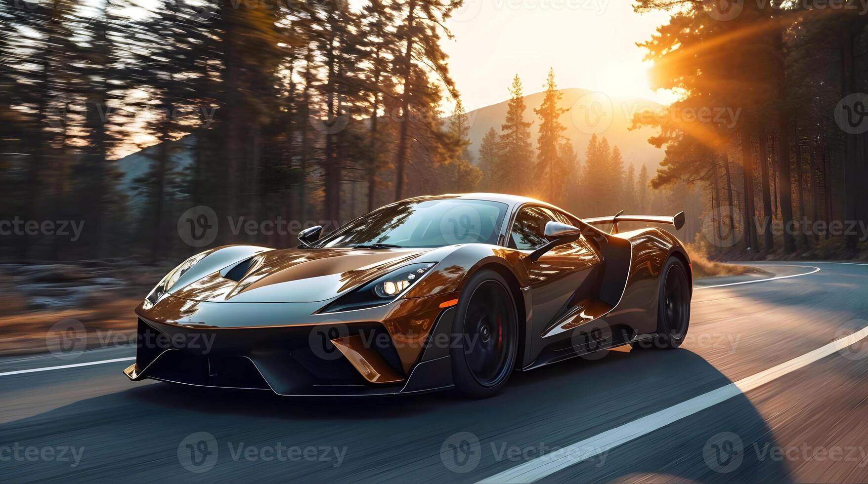 Beautiful modern sport car driving fast on scenic road in forest at sunset , automotive background, tuning template, auto transport photo