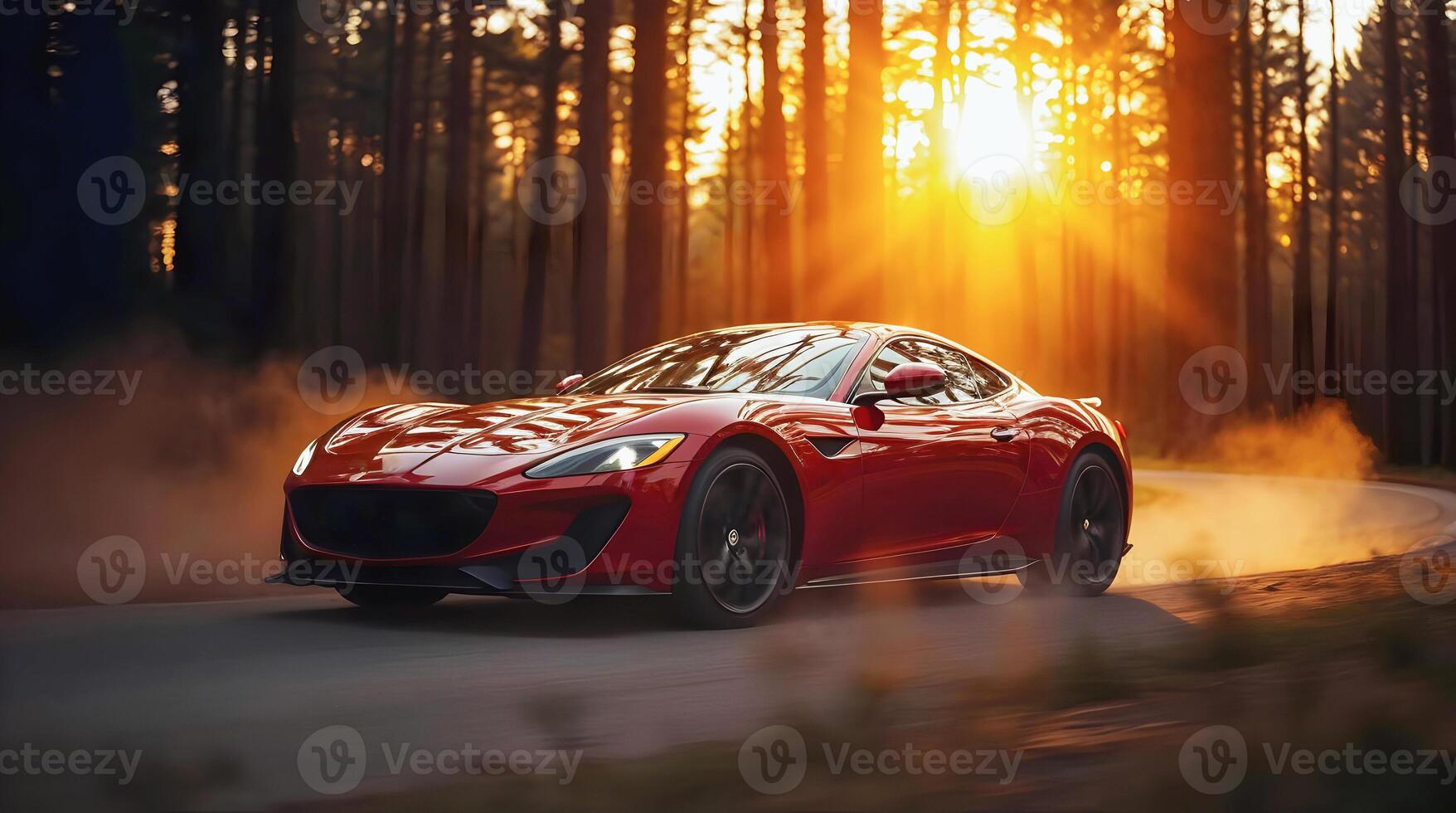 Beautiful modern red sport car driving fast on scenic road in forest at sunset , automotive background, tuning template, auto transport photo