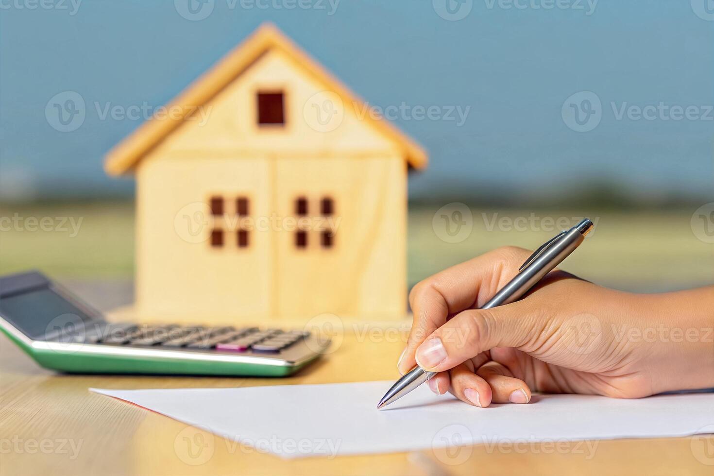 closeup of Hand writing with pen on piece of paper, mortgage calculations concept, wooden house model and calculator, finance accounting photo