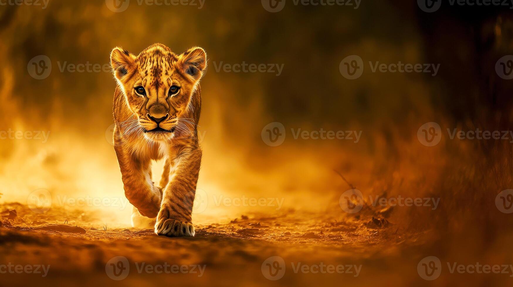 A adorable big lion cub walks across a dry grass field, gazing at the camera with an alert expression. photo