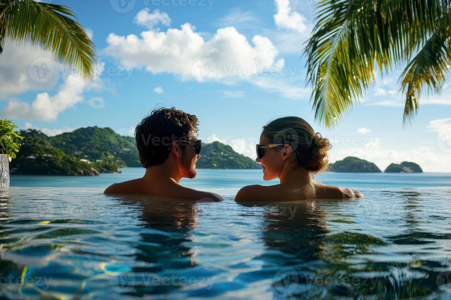 Couple enjoying beach vacation holidays at tropical resort with swimming pool and coconut palm trees near the coast with beautiful landscape. photo