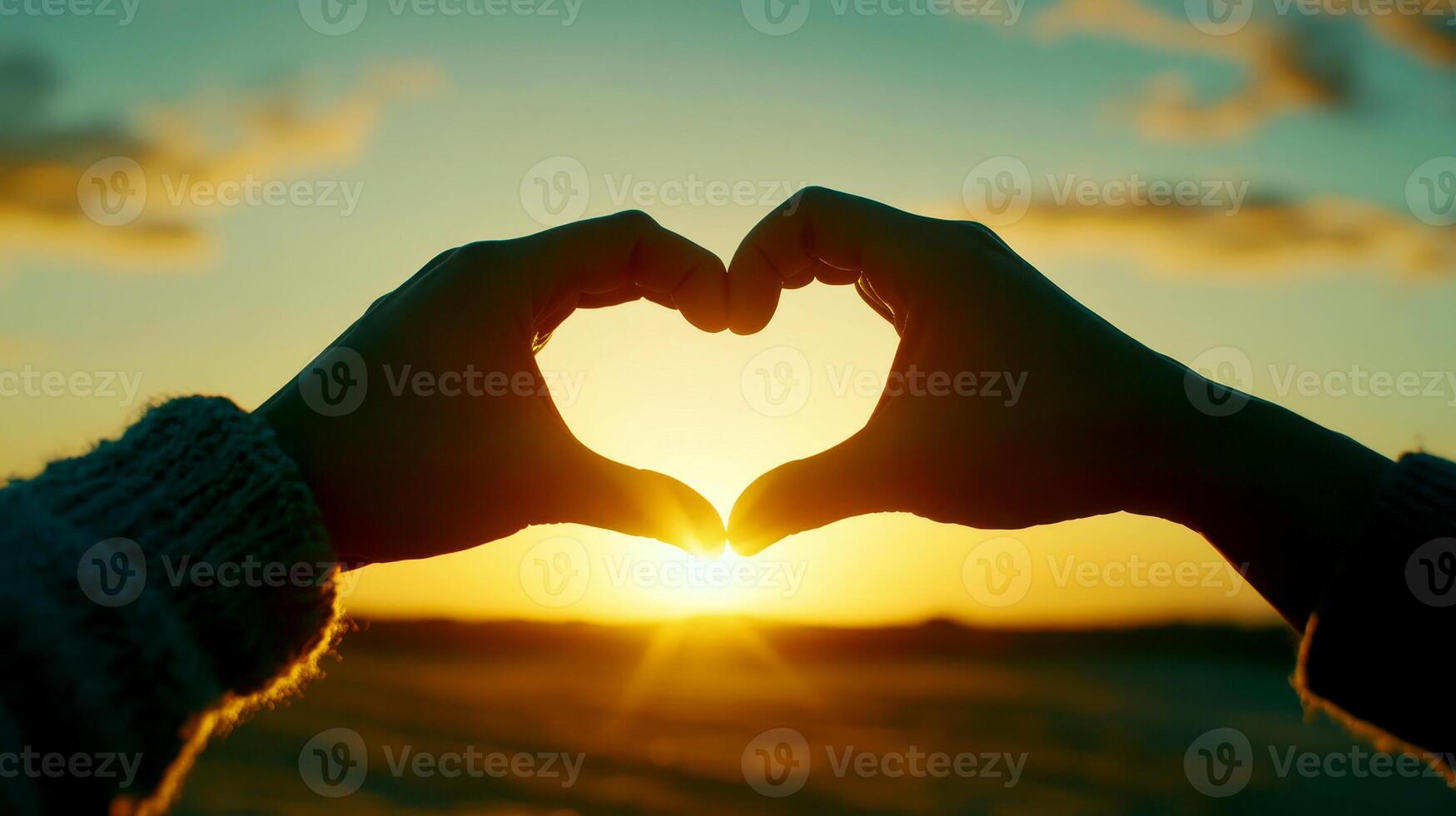 Two hands create a heart shape against a beautiful sunset background in a field of flowers, Couple making heart with hands. photo