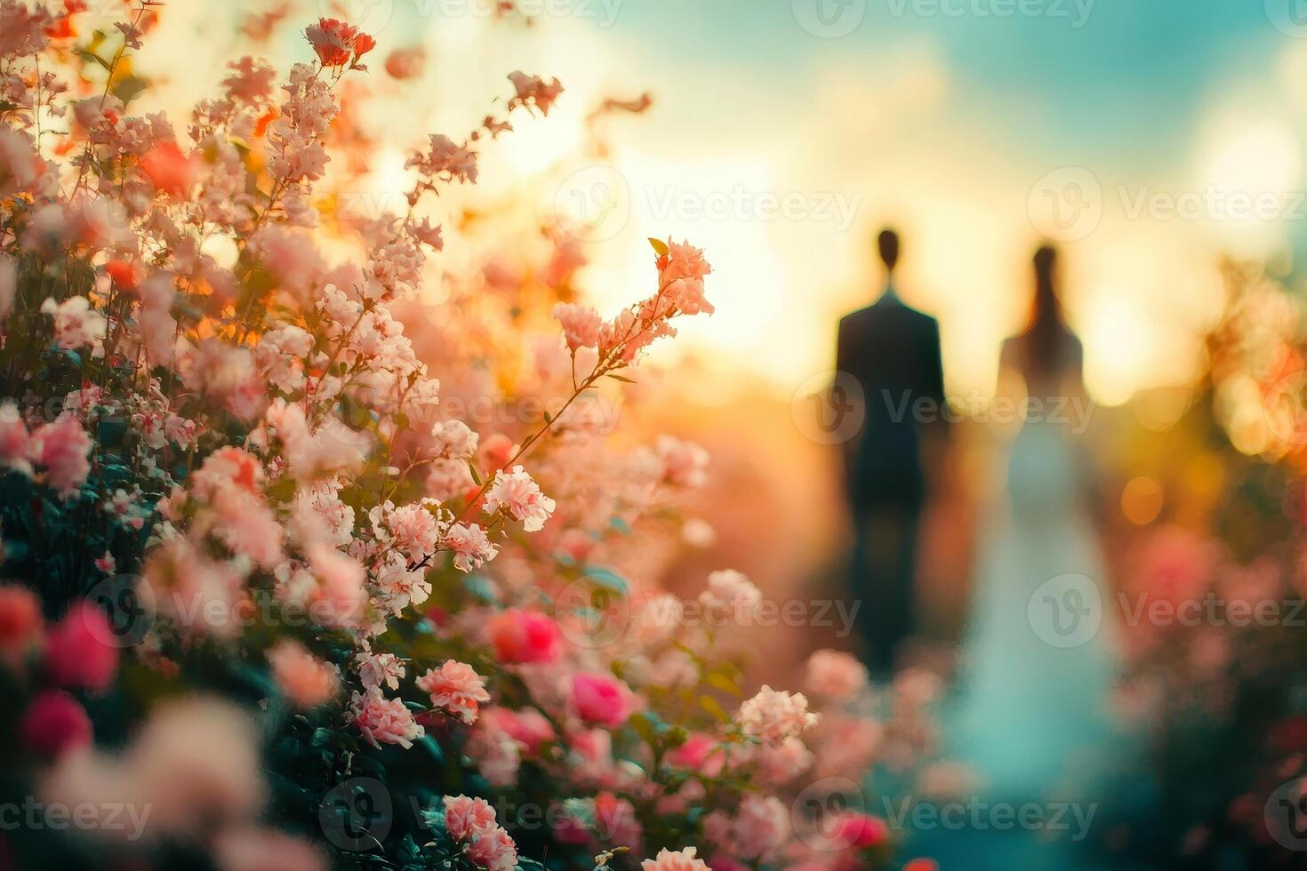 a couple wedding outdoor . blurry beauty flower land scape with defocused effect. photo