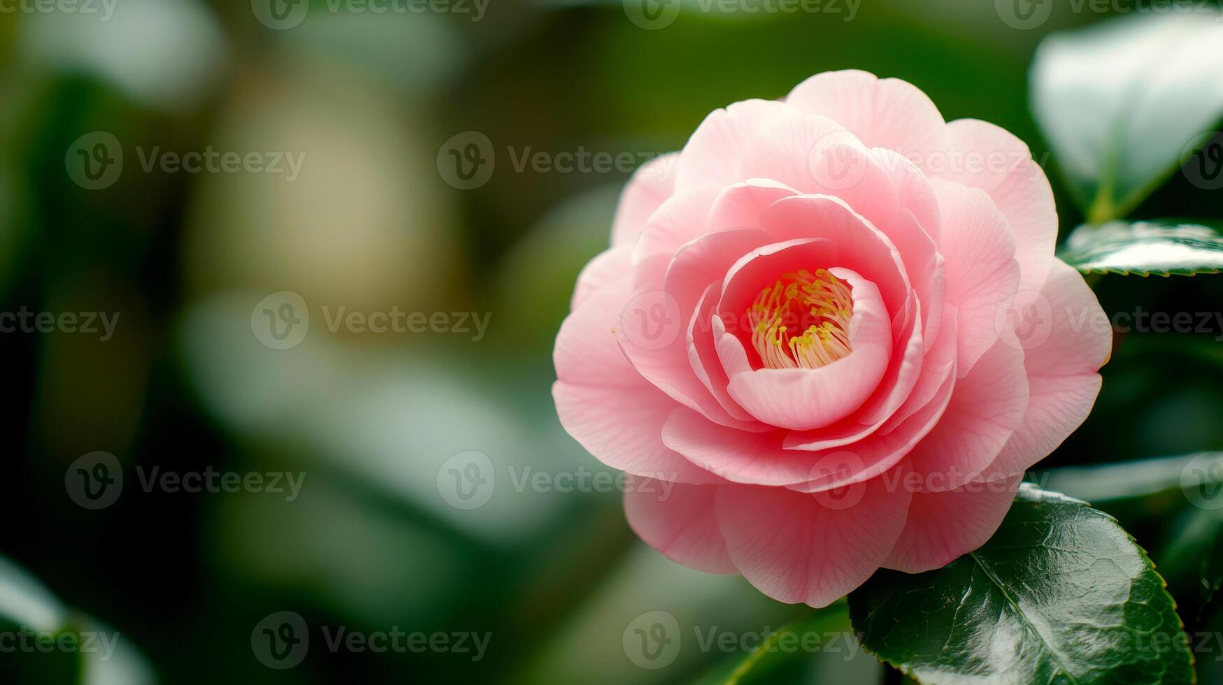 camellia pink flowers sunny morning natural light for copy text space in valentine concept. photo