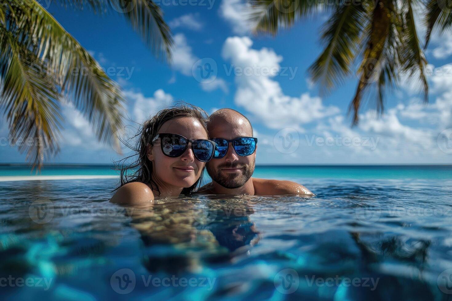 Couple enjoying beach vacation holidays at tropical resort with swimming pool and coconut palm trees near the coast with beautiful landscape. photo