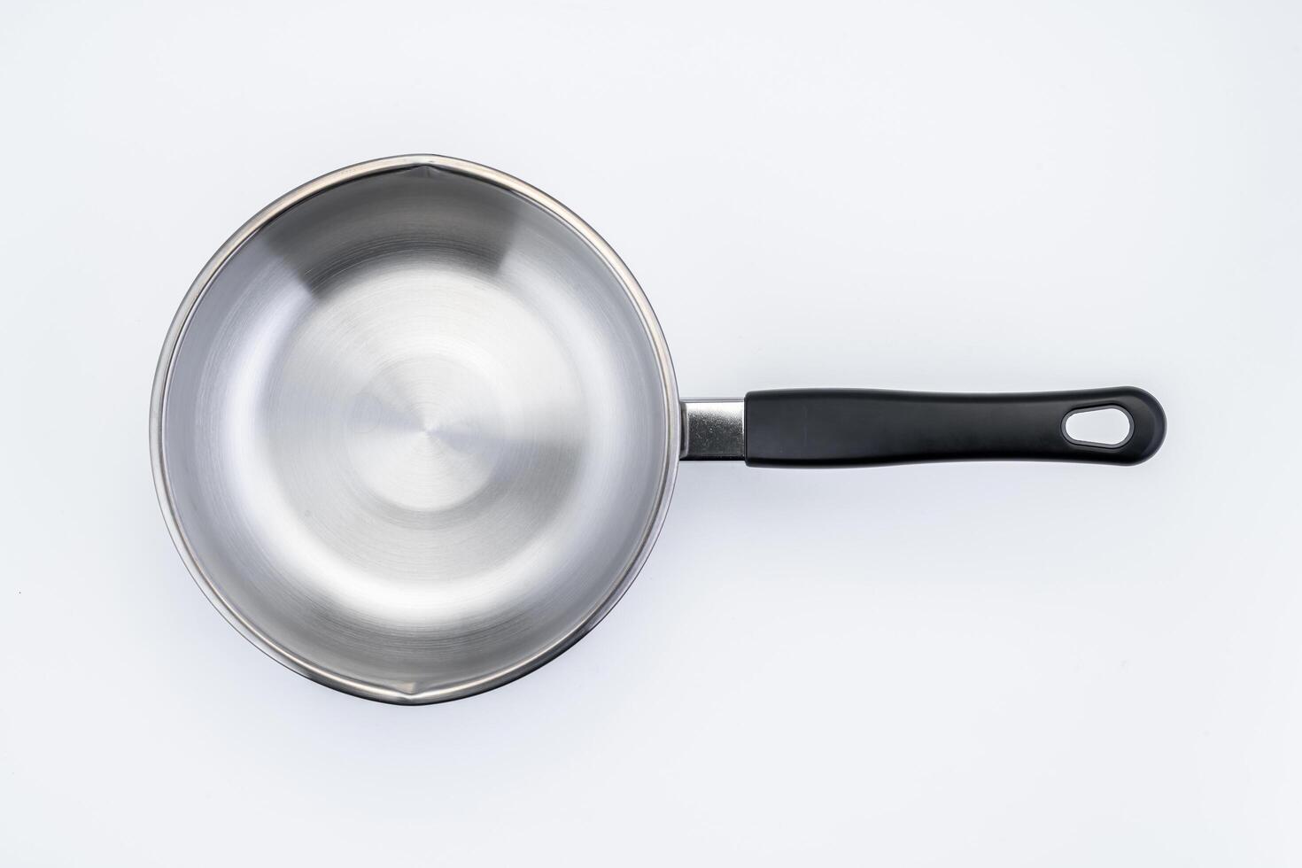 Top view of new empty frying pan isolated on white photo