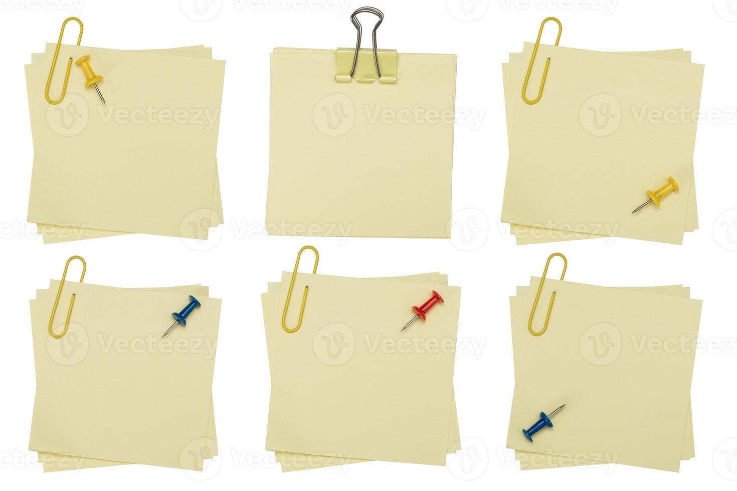 Blank post it note with green paper clip isolated on white. Collection yellow color post it paper photo