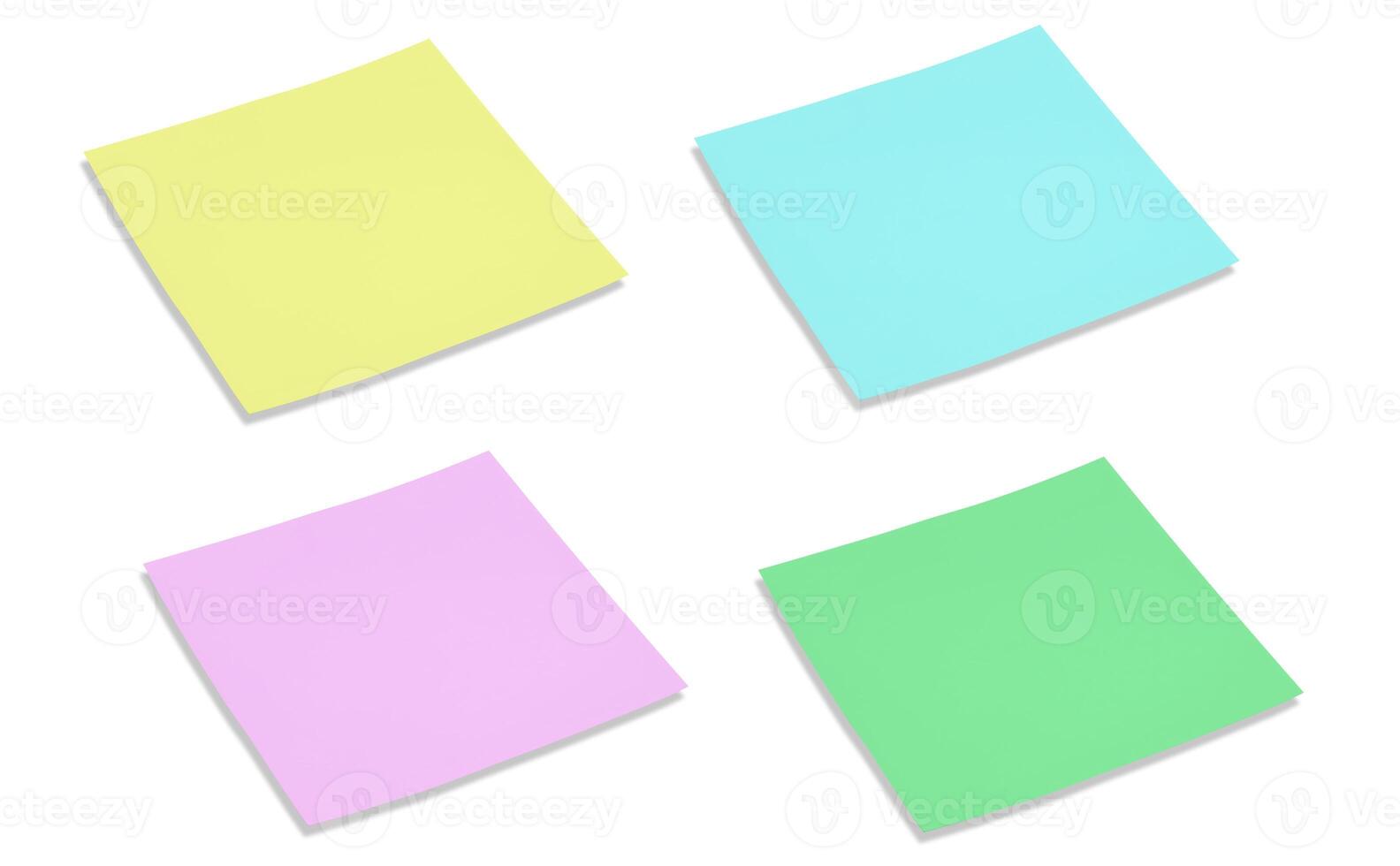 Sticky notes in assorted vibrant hues set against a white backdrop. Blank note. photo
