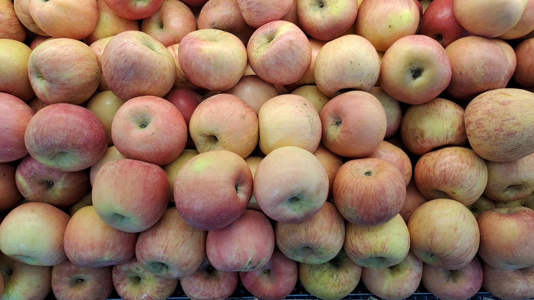 Pile of fresh apples with yellow and red skin, neatly arranged in a supermarket photo