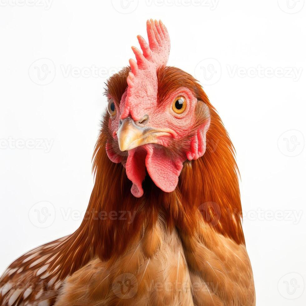 A close-up of a rooster is isolated on a white background. Bust. head. half photo
