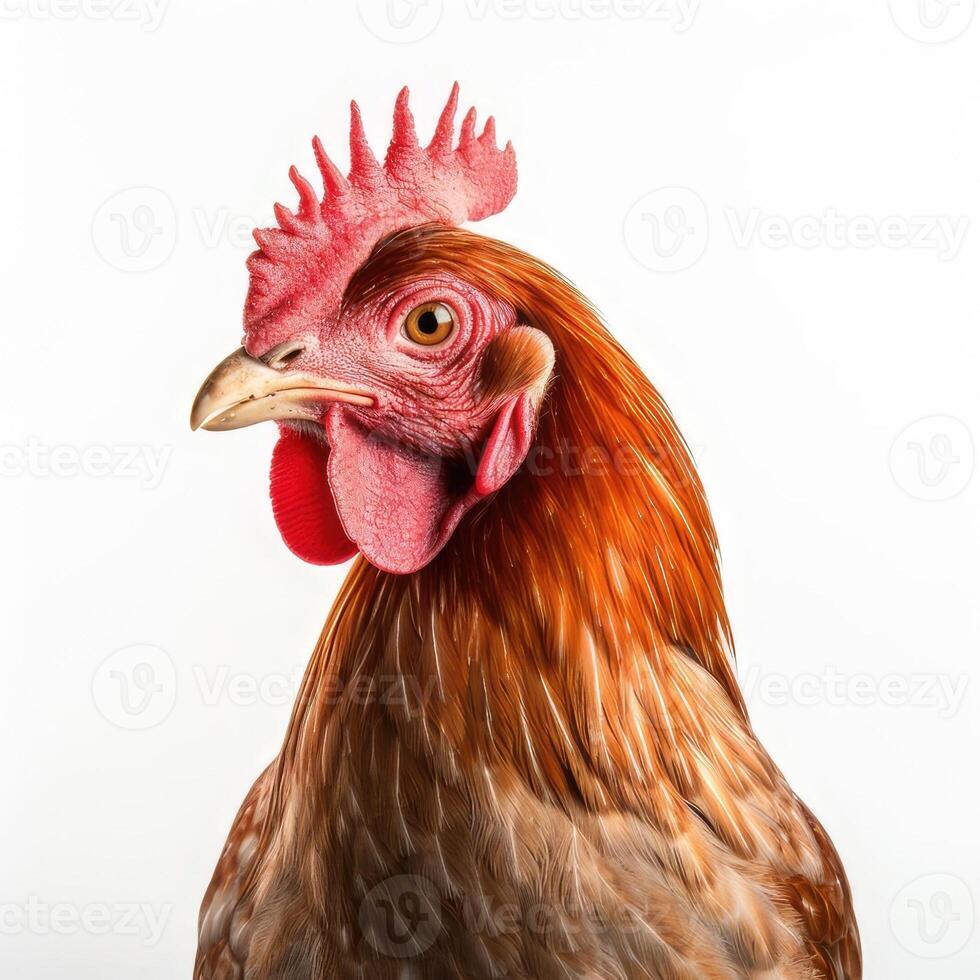 A close-up of a rooster isolated on a white background. Bust. Side view photo