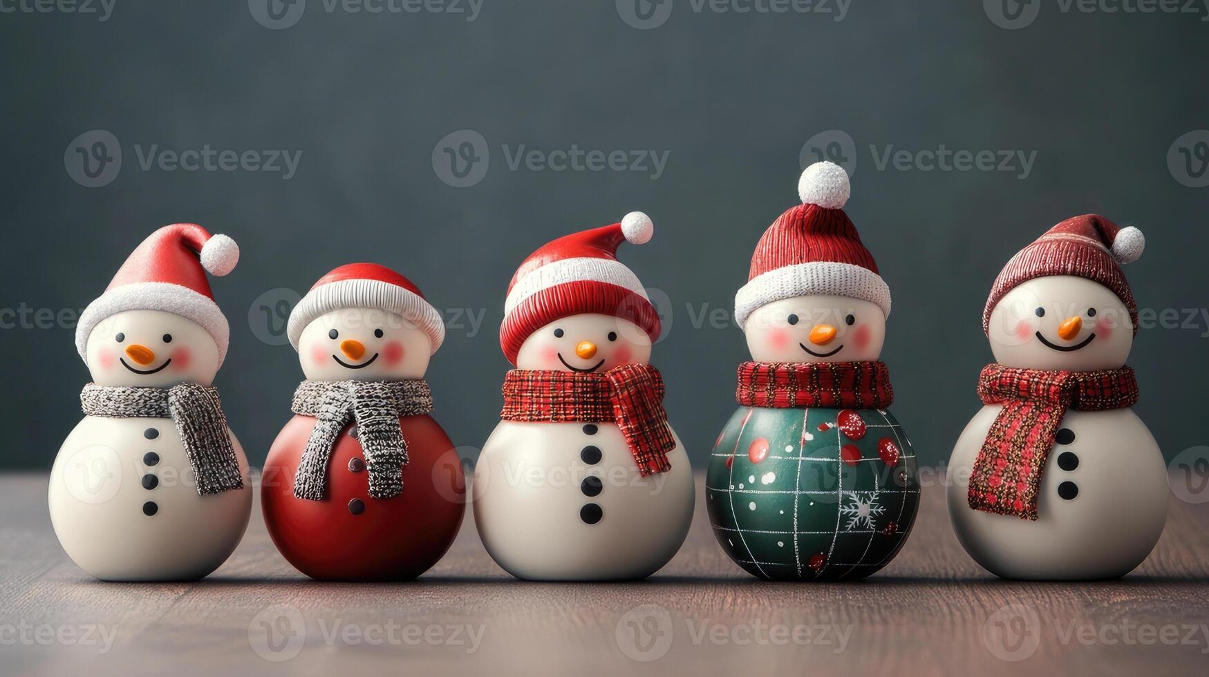 set of different porcelain snowmen on gray background. Ceramic Christmas toys figurines. photo