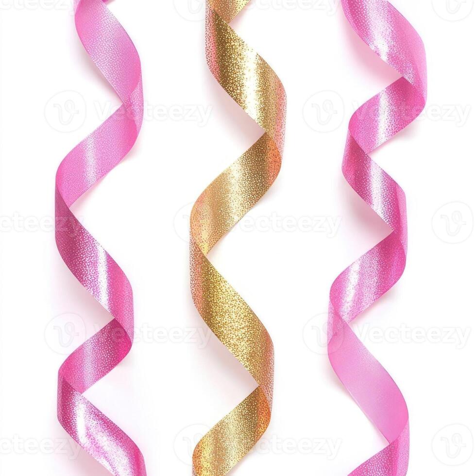 three shiny ribbons pink and gold isolated on a white background photo