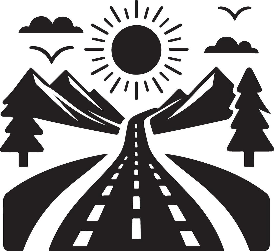 A black and white illustration of a road with trees and mountains vector