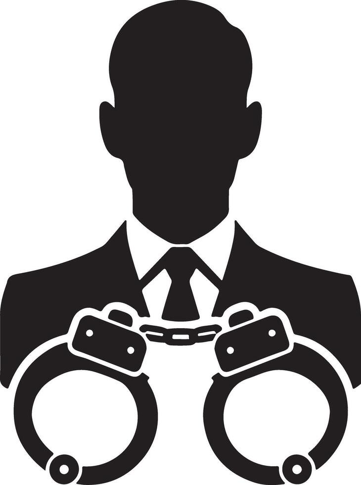 A silhouette of a man in a suit and tie with handcuffs vector