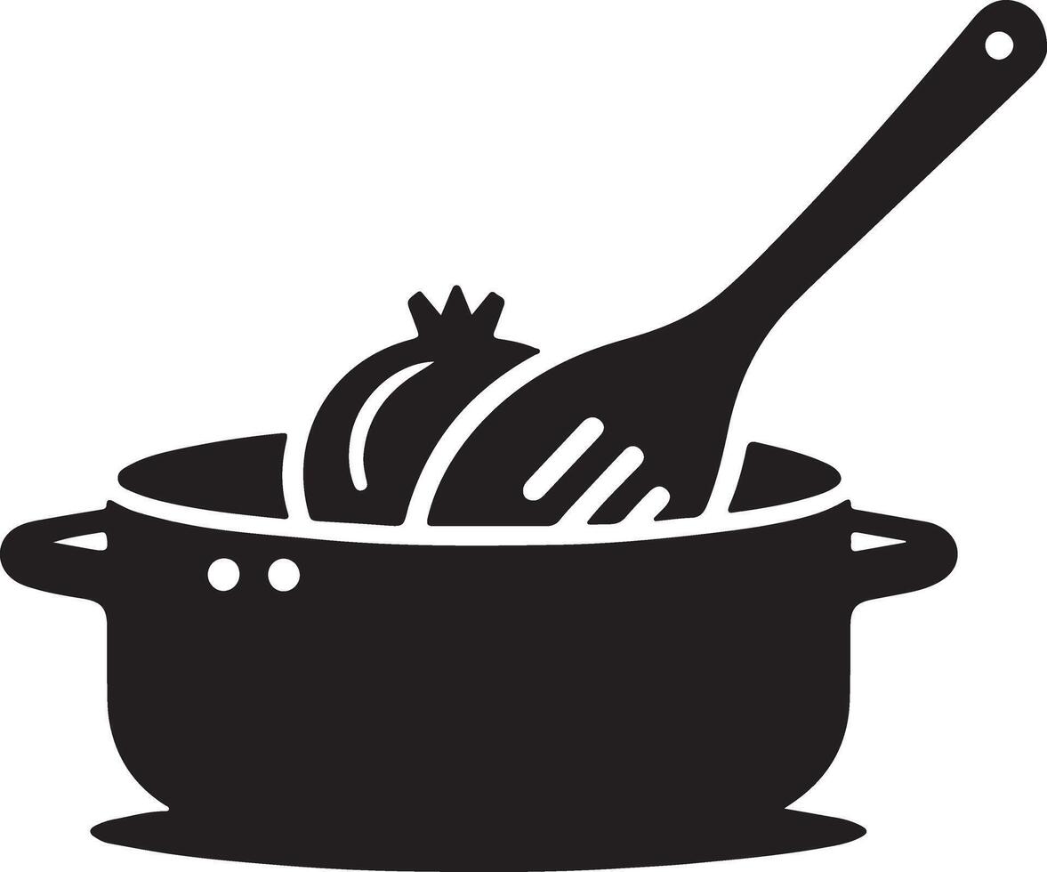 A black and white illustration of a pot with a spoon and a bowl vector