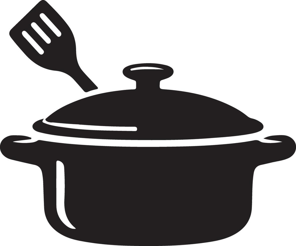 A black and white illustration of a pot and utensils vector