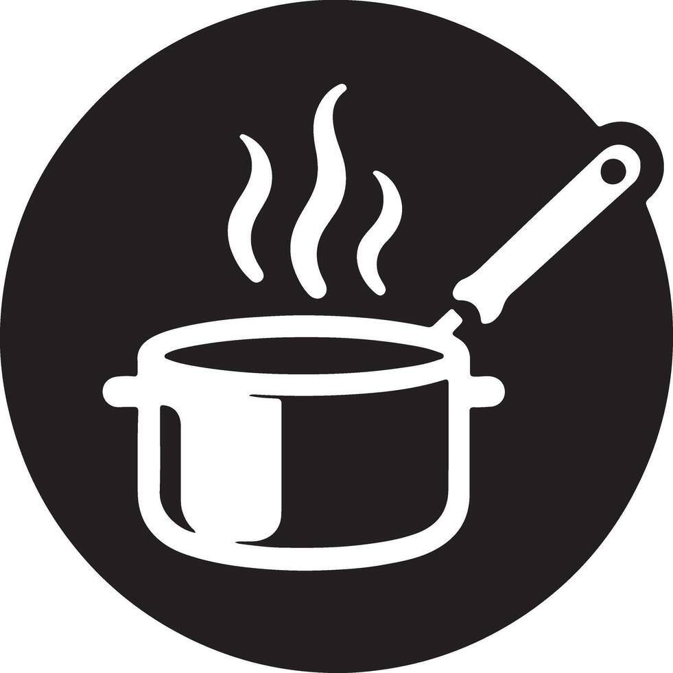 A black and white icon of a pot with a spoon vector
