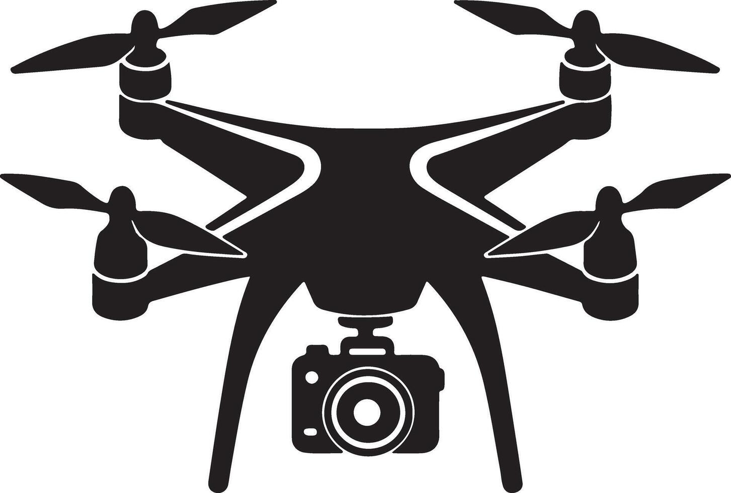 A black and white silhouette of a drone with a camera vector