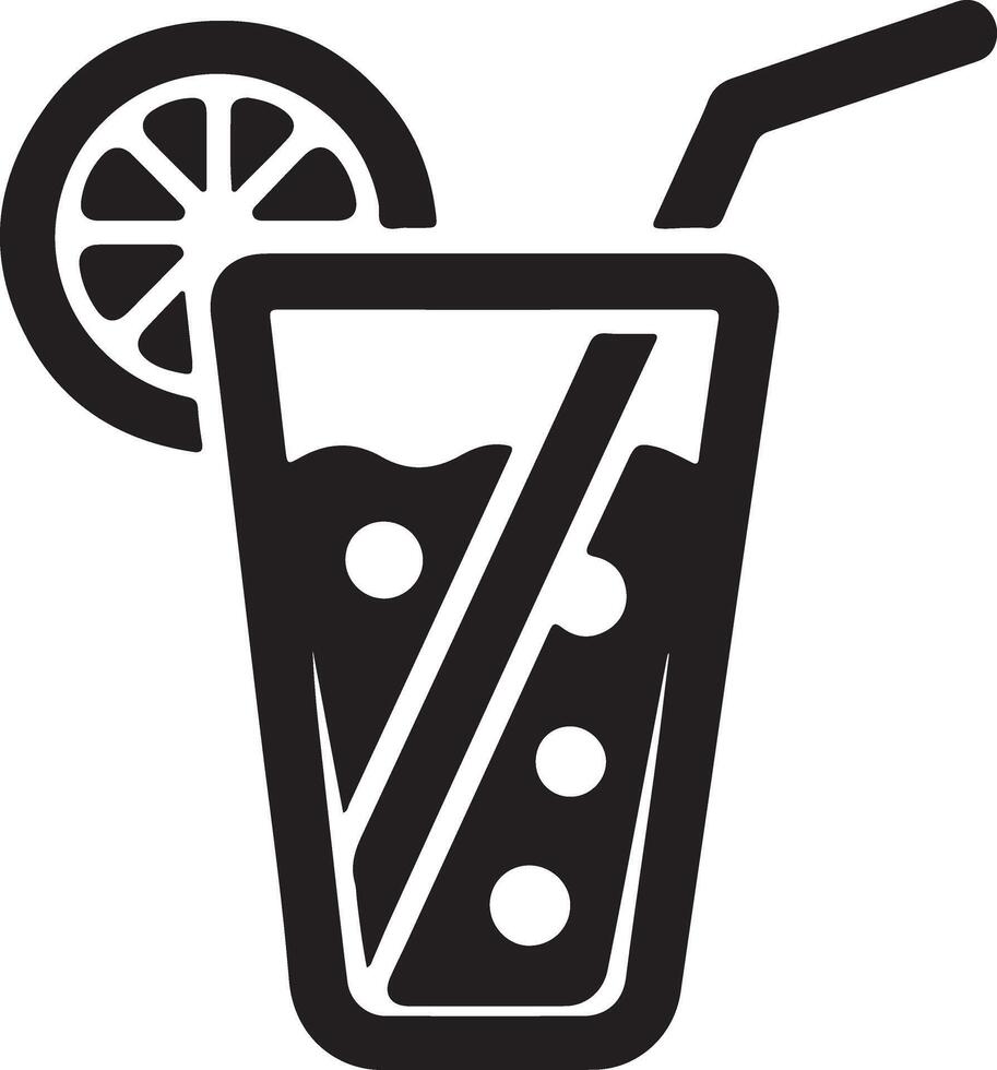 A black and white icon of a drink with a straw and slice of lemon vector