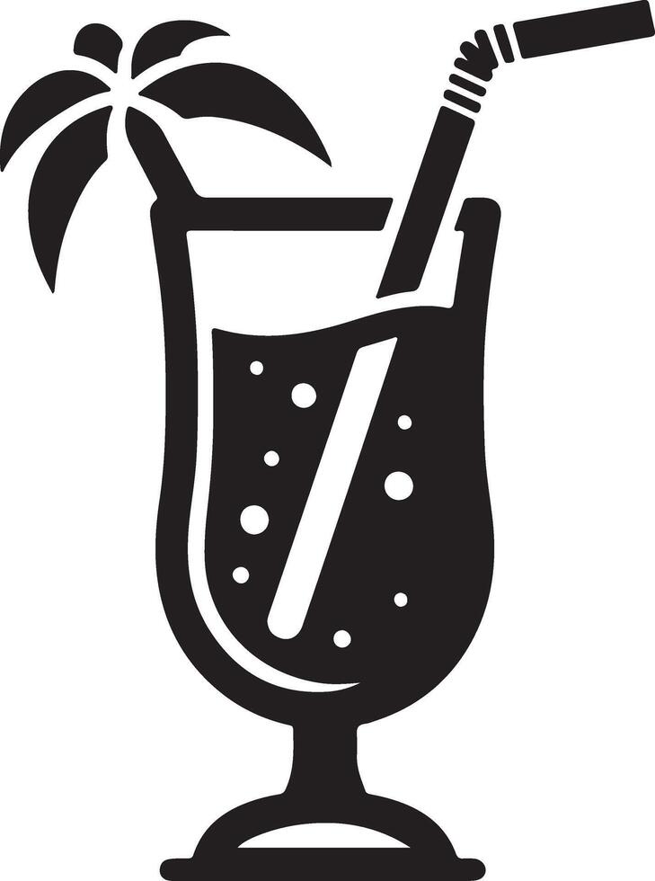 A black and white illustration of a drink with a straw and a palm tree vector