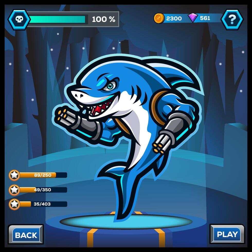 Cute kawaii cartoon shark hero game design with shooting hands. vector