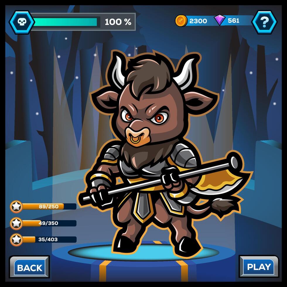 Cute kawaii cartoon minotaur hero game design holding a axe. vector