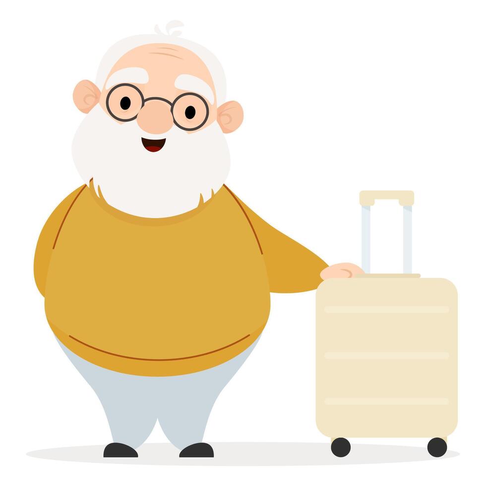 Senior cute cartoon character elderly man with suitcase for travel vector