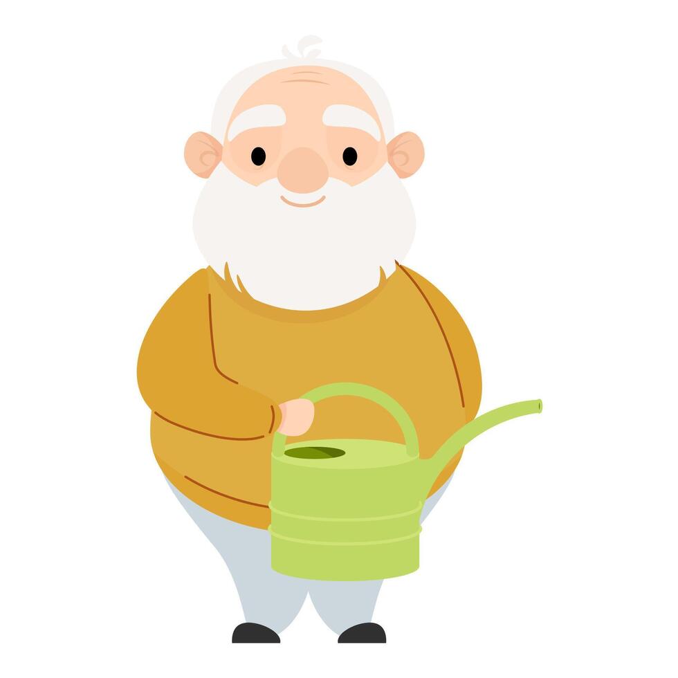 Pensioner elderly man with a green watering can in his hands vector