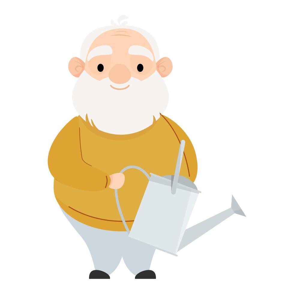 Senior cute cartoon character elderly man with watering can in hand vector