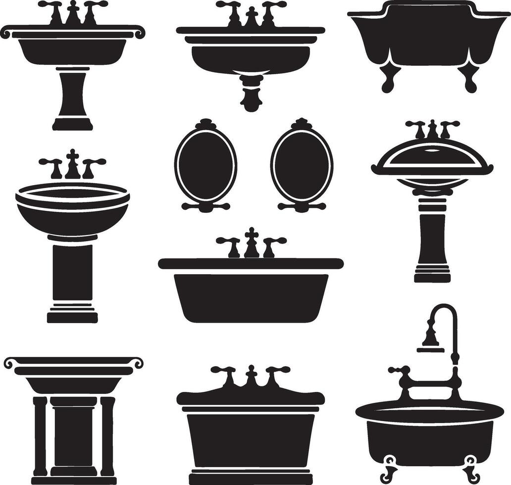 Kitchen sinks and bathroom basins icon set vector