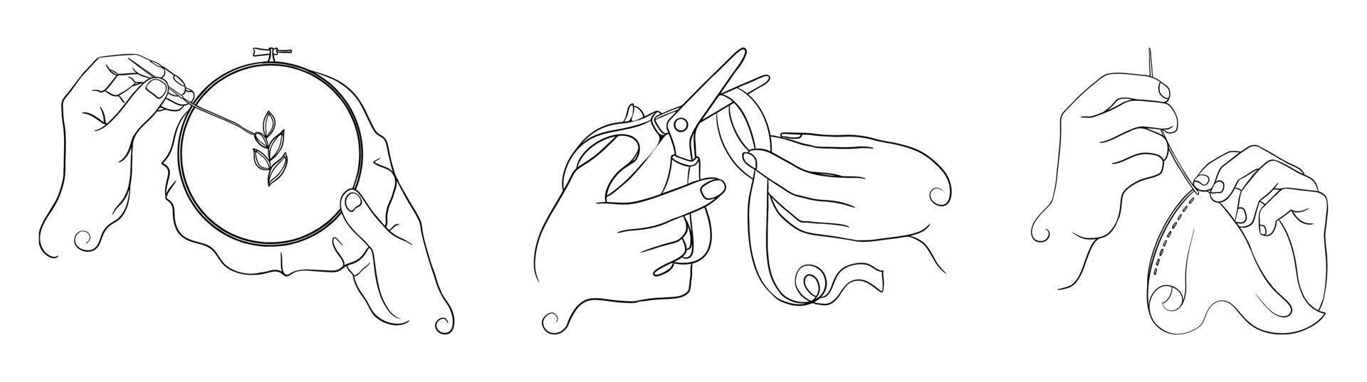 Tailor or seamstress hands embroidering, cutting thread and sewing fabric with needle and thread vector