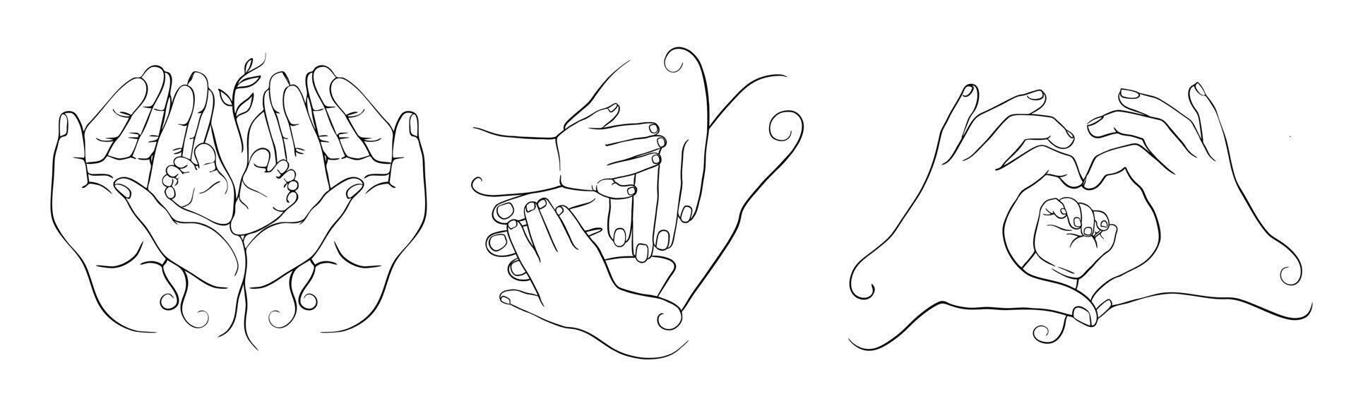 Set of line art illustrations representing parents holding and protecting baby's feet and hands vector