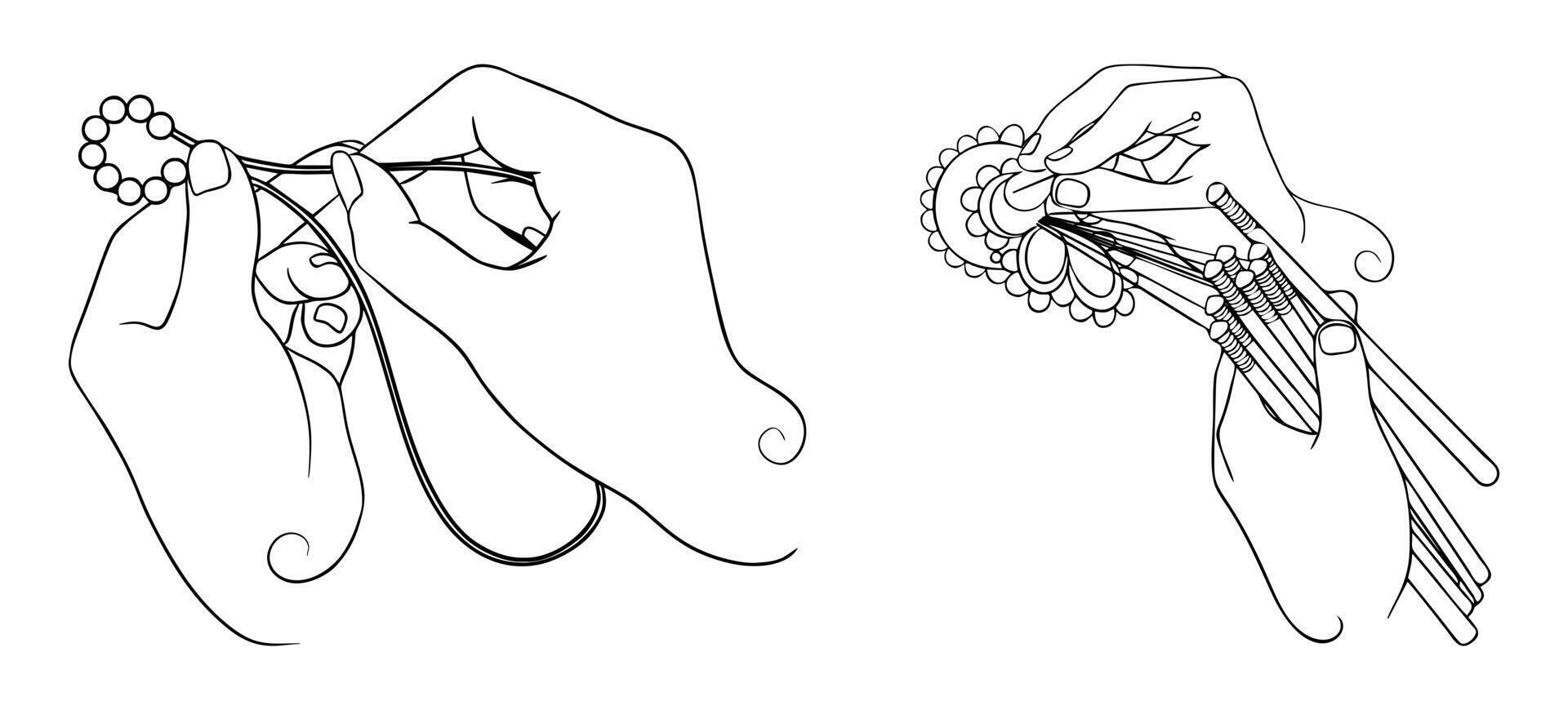 Close up of hands creating handmade jewelry, working beads and wires vector