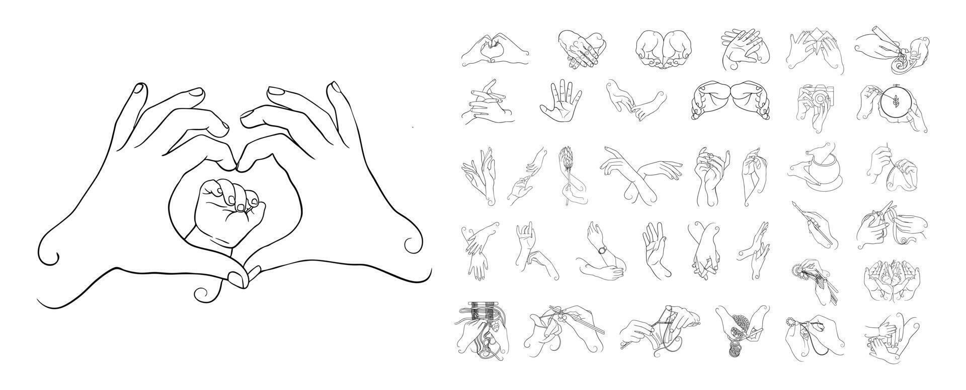 Heart shaped hands encircling newborn's fist, featuring silhouette line art with diverse hand gestures representing familial connection, affection, and emotional bonding vector