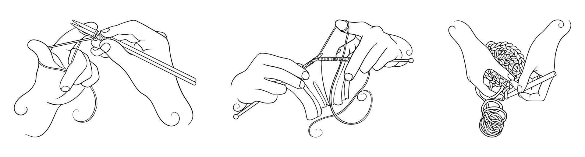 Three different steps of knitting wool with knitting needles and thread, creating clothes or accessories vector