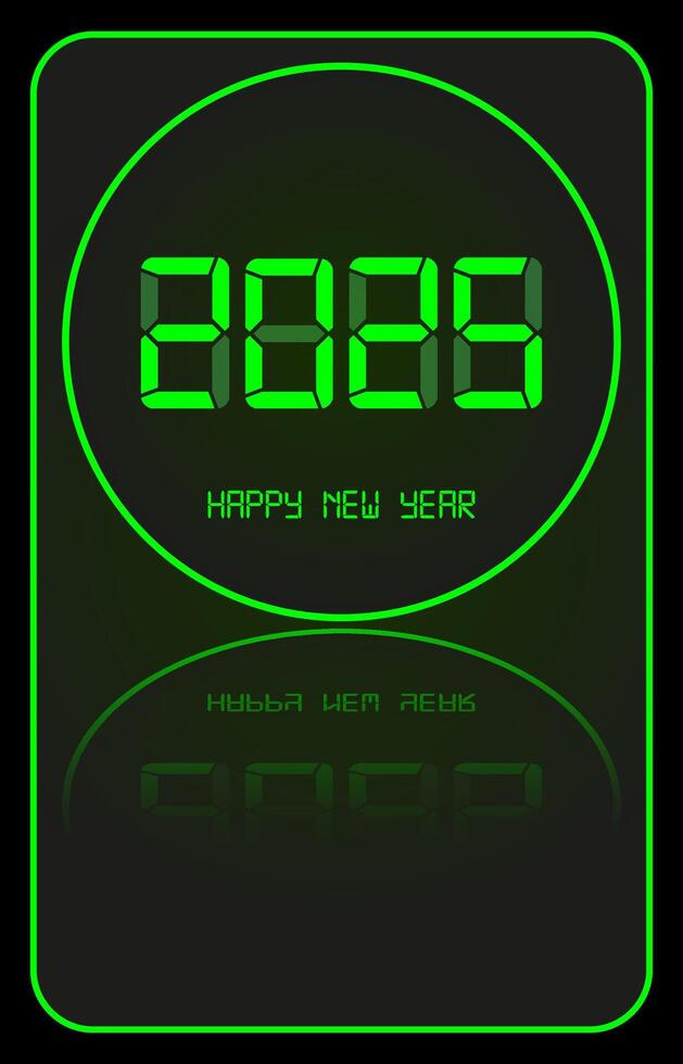 2025 Happy new year digital clock. Electronic watch. Alarm timer, countdown, time display with circle green led numbers. illustration isolated on black background vector