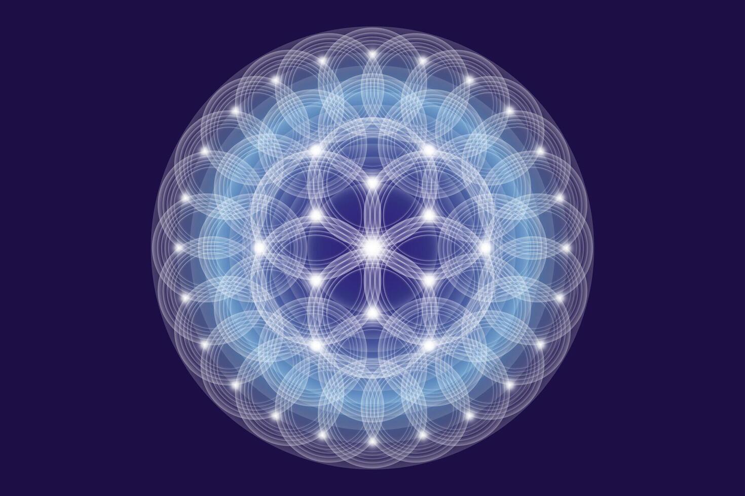 Seed Flower of life lotus icon, logo mandala sacred geometry, symbol of harmony and balance. Mystical talisman, white circles lines isolated on blue background vector