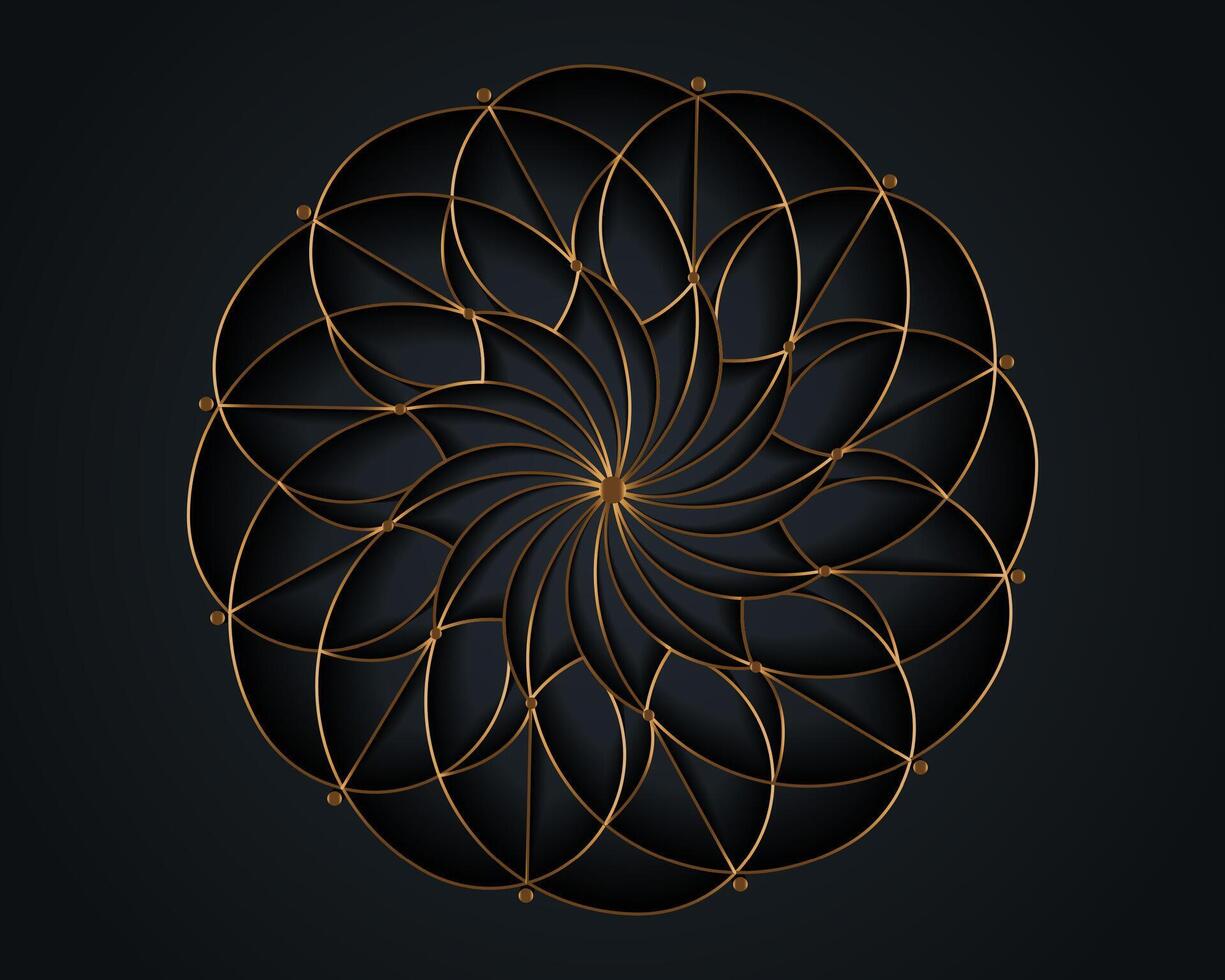 Gold Luxury Sacred Mandala template. Flower round design element isolated on black background. Circle pattern in golden color. illustration for logo, monogram, web design, decoration, business vector