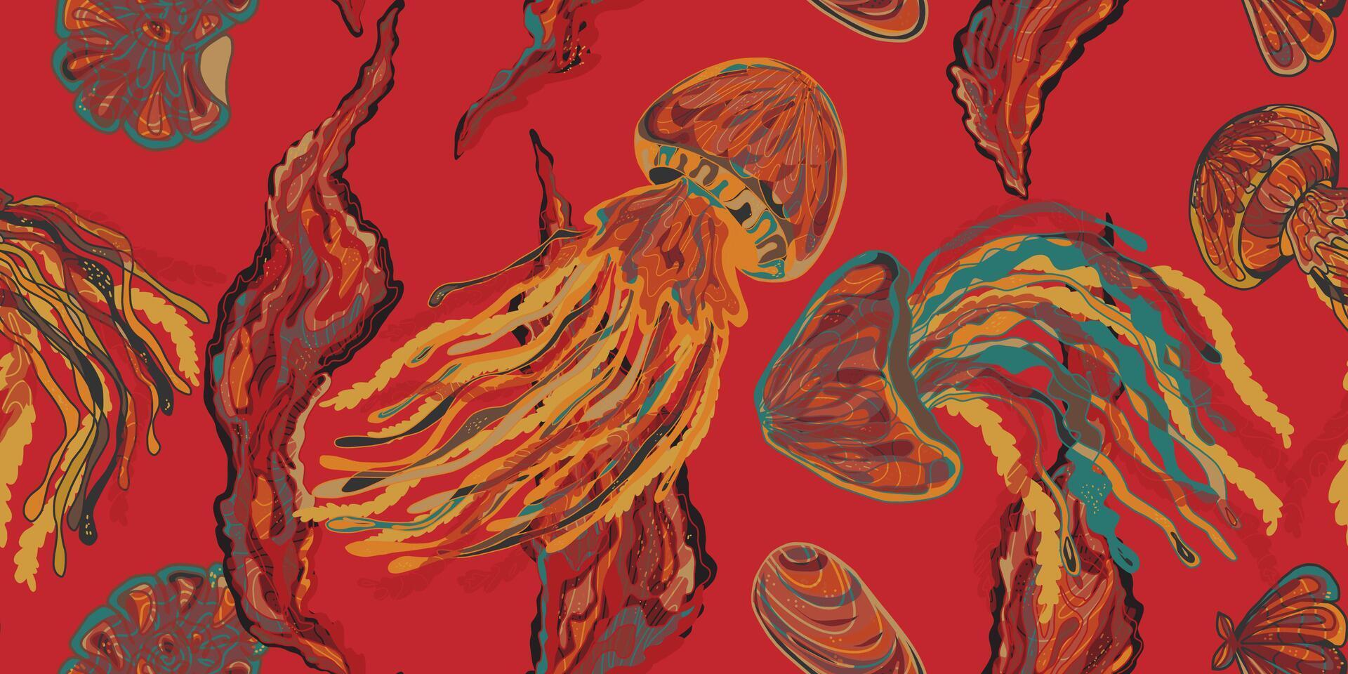 jellyfishs on red fabric vector