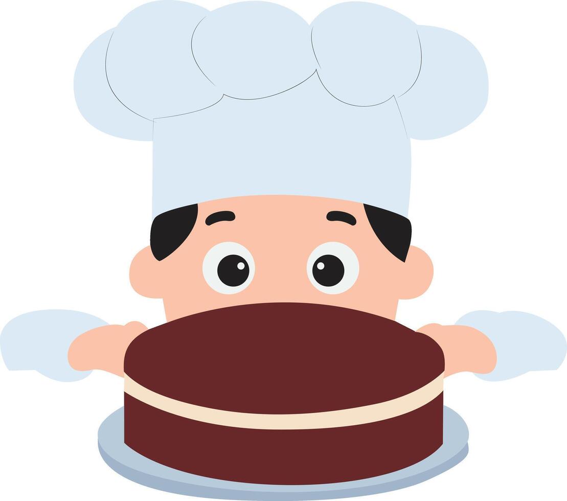Chef Presenting Delicious Chocolate Cake peeking, happy National Chocolate Cake Baker vector