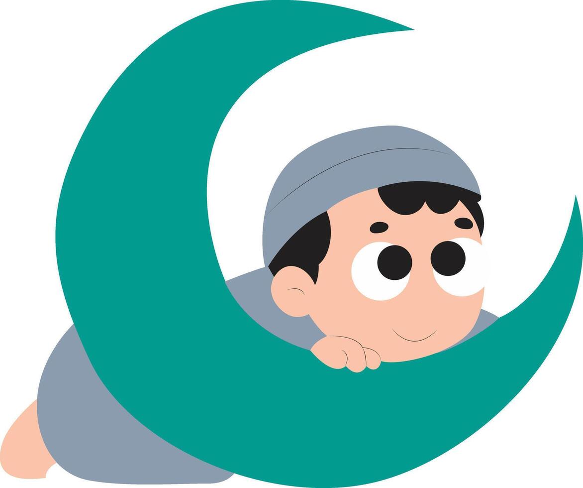 Cute Boy Crescent Moon Cartoon Illustration peeking, happy New Moon Worshipper vector