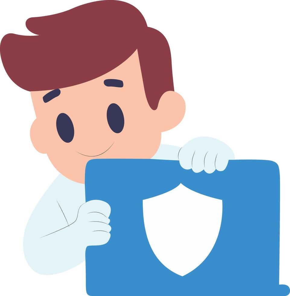 Man Presenting Online Security Shield peeking, happy Safer Internet Advocate vector