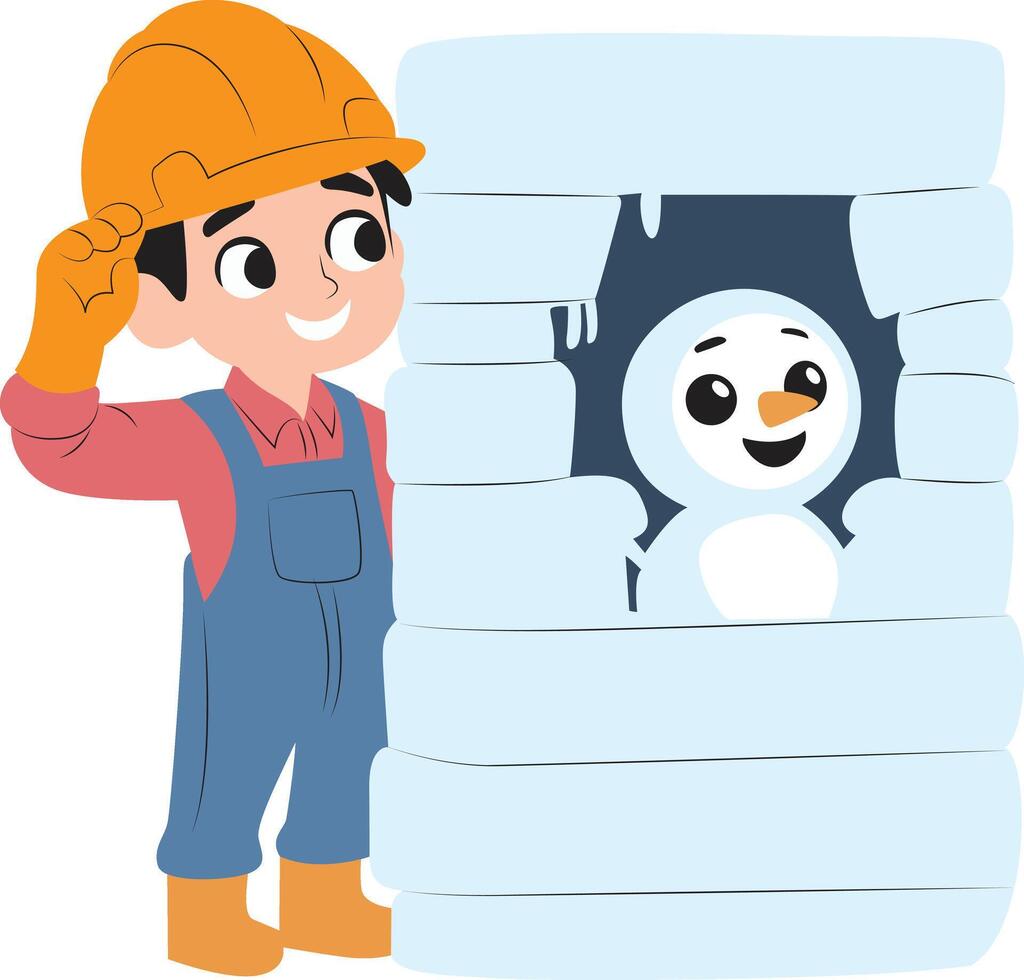 Kid Builder Snowman Ice House Winter, happy Ice Sculpture Builder vector