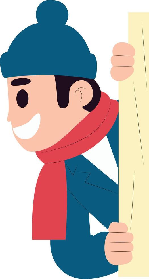Boy Peeking Behind Winter Sign, happy Winter Solstice Celebrator vector