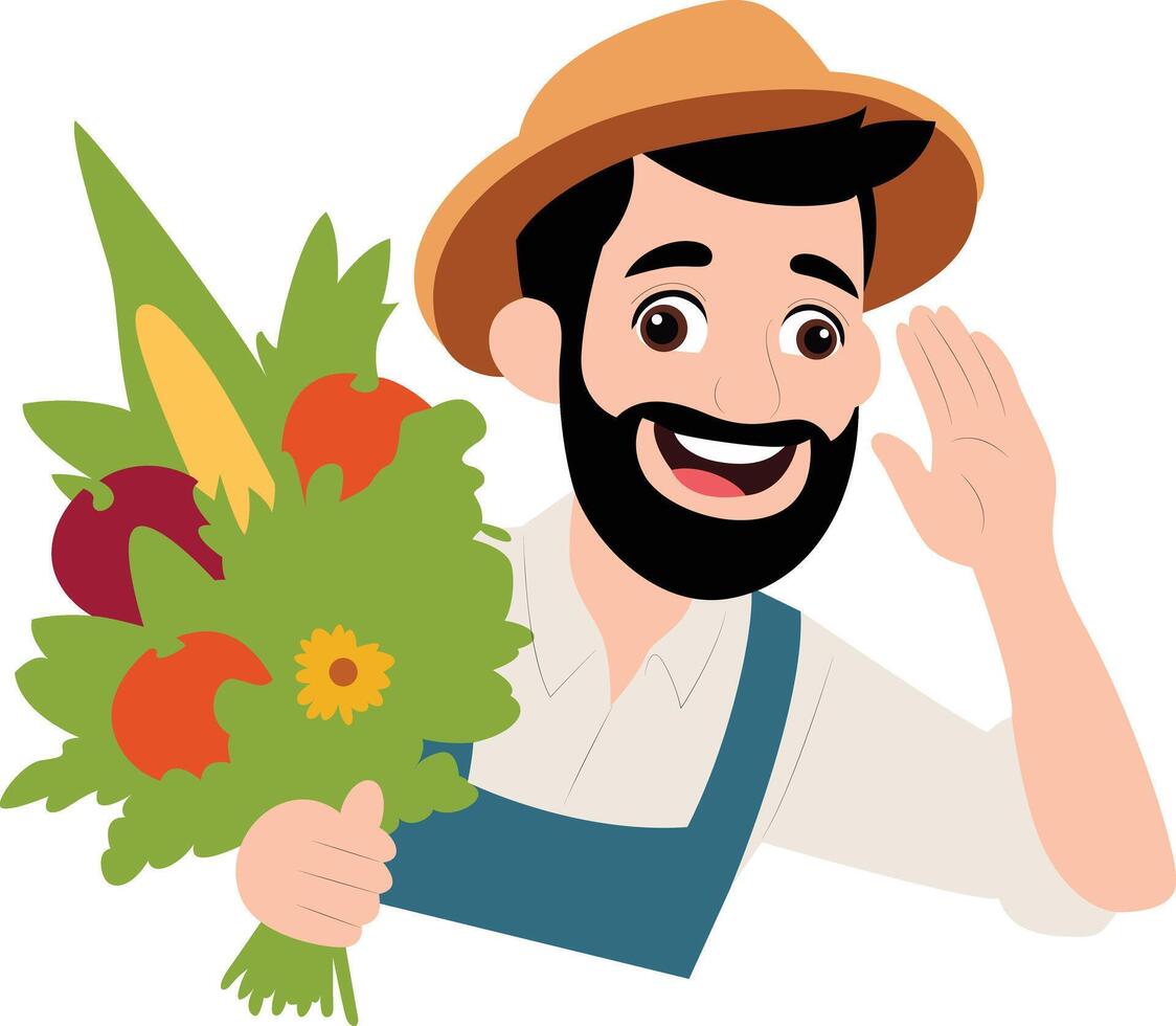 Happy Farmer Holding Fresh Veggie Bouquet, happy Seasonal Farmer vector