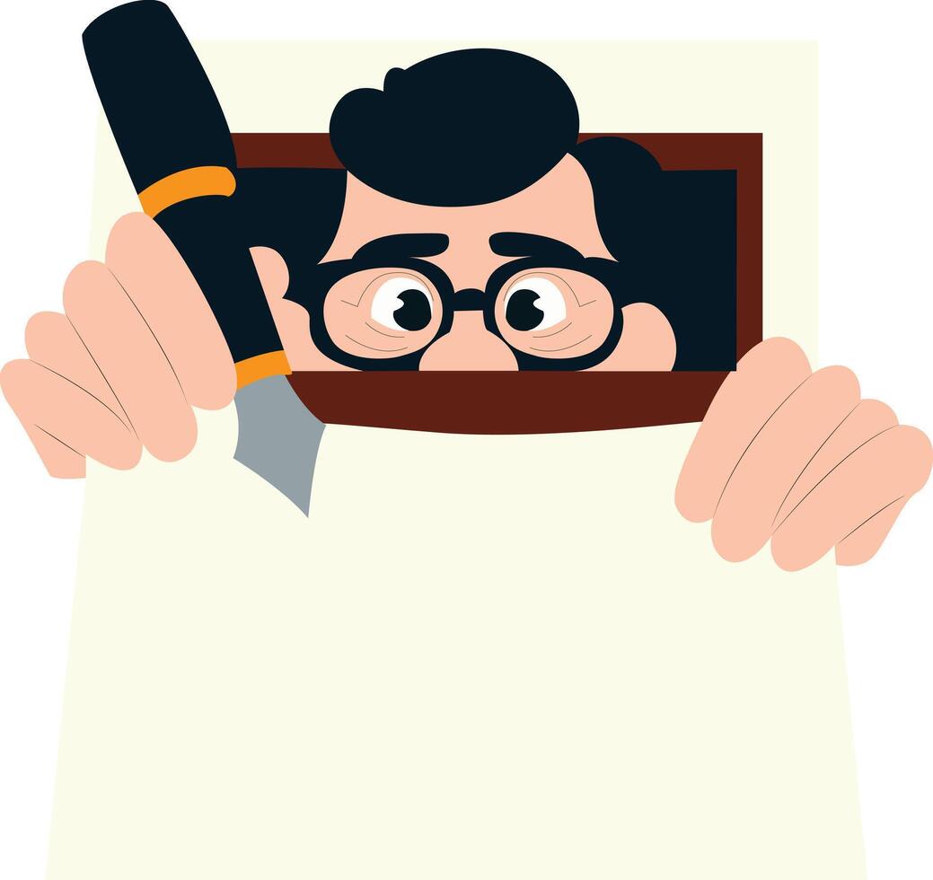 Man Cutting Paper, Secret Message Illustration. peeking, happy Handwriting Day Calligrapher vector