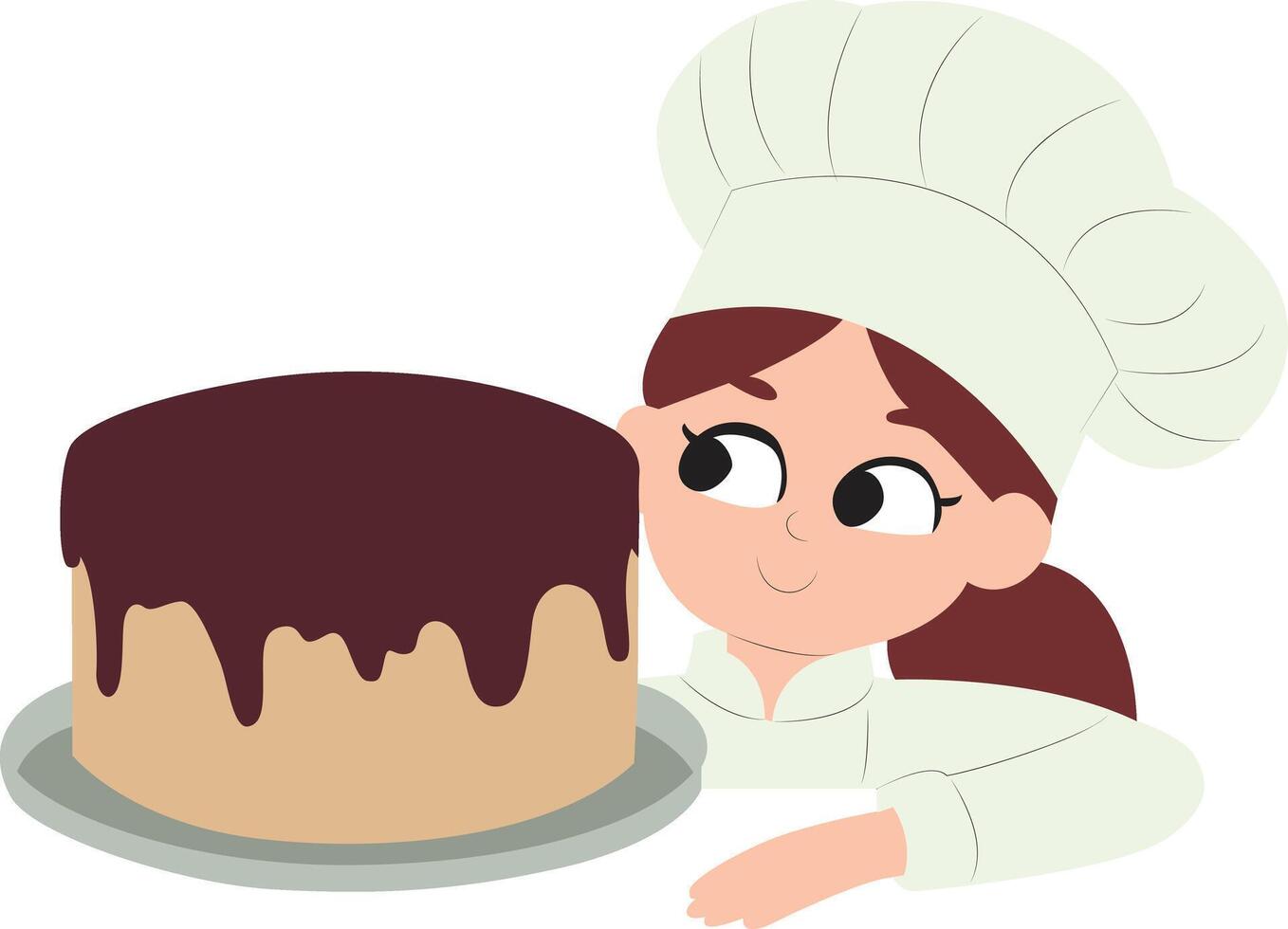 Girl Chef Admiring Chocolate Cake, happy National Chocolate Cake Baker vector